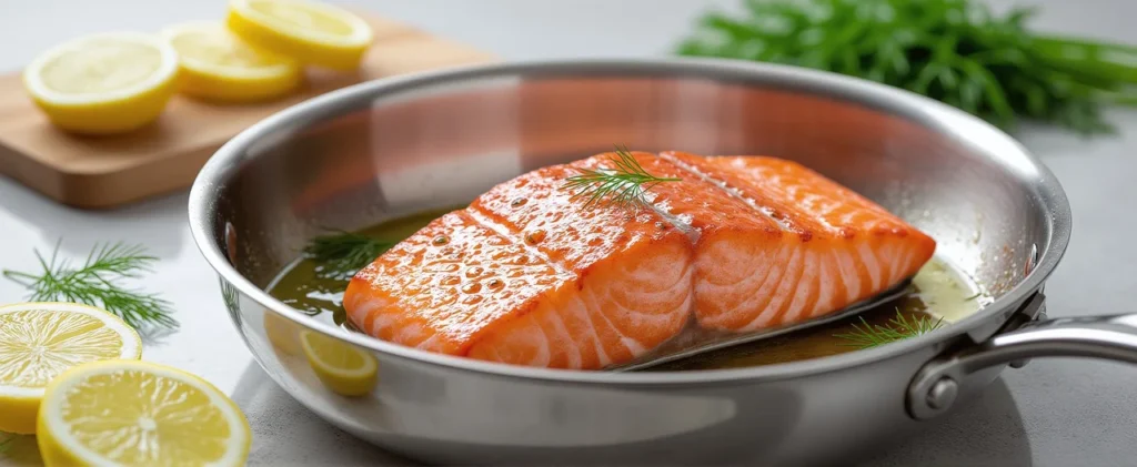 Filetto di salmone fresco in cottura in una padella professionale in acciaio inox lucido con fette di limone